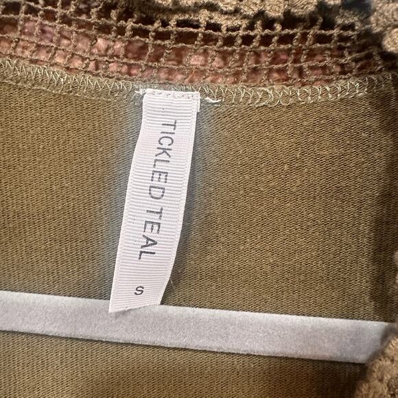 2 for $20! Tickled Teal Olive Lace-Edged long cardigan sweater - Picture 3 of 5